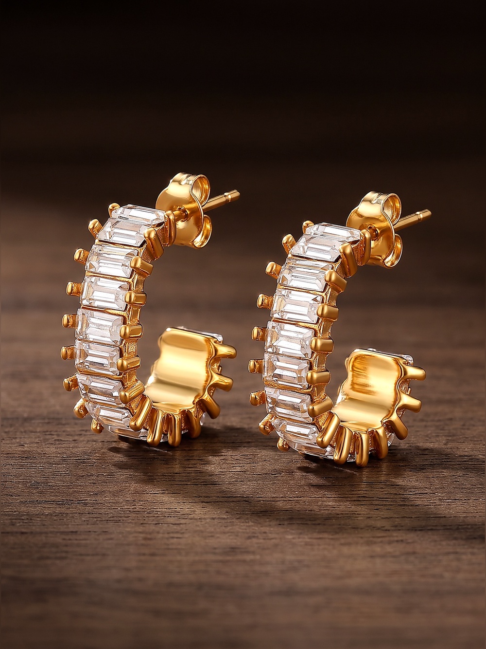 18K Gold Plated J Shape Chunky Hoop Earrings Waterproof Tarnish Free Zircon